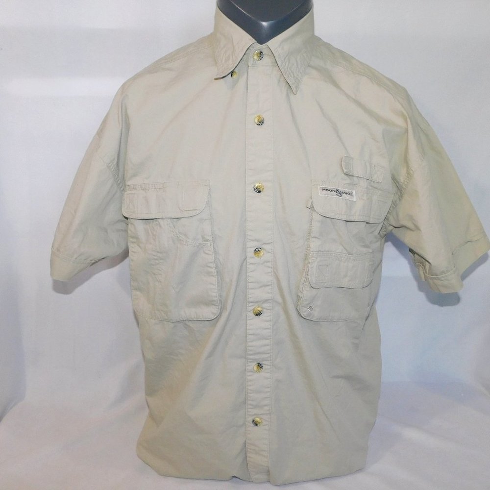 Hook & Tackle Mens M Beige Vented Short sleeve Utility Fishing Shirt